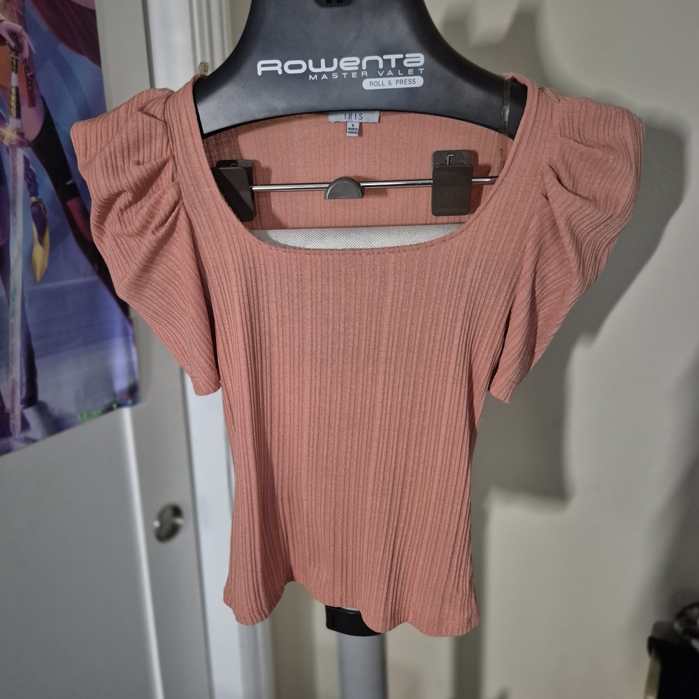 iris Ribbed Square Neck Puff Sleeve Top - Dusty Rose